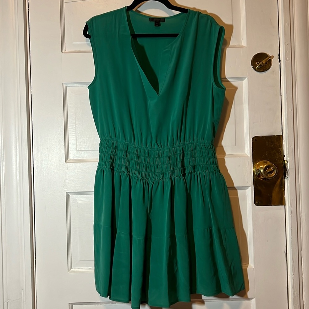j crew emerald green silk tank dress with pleated waist